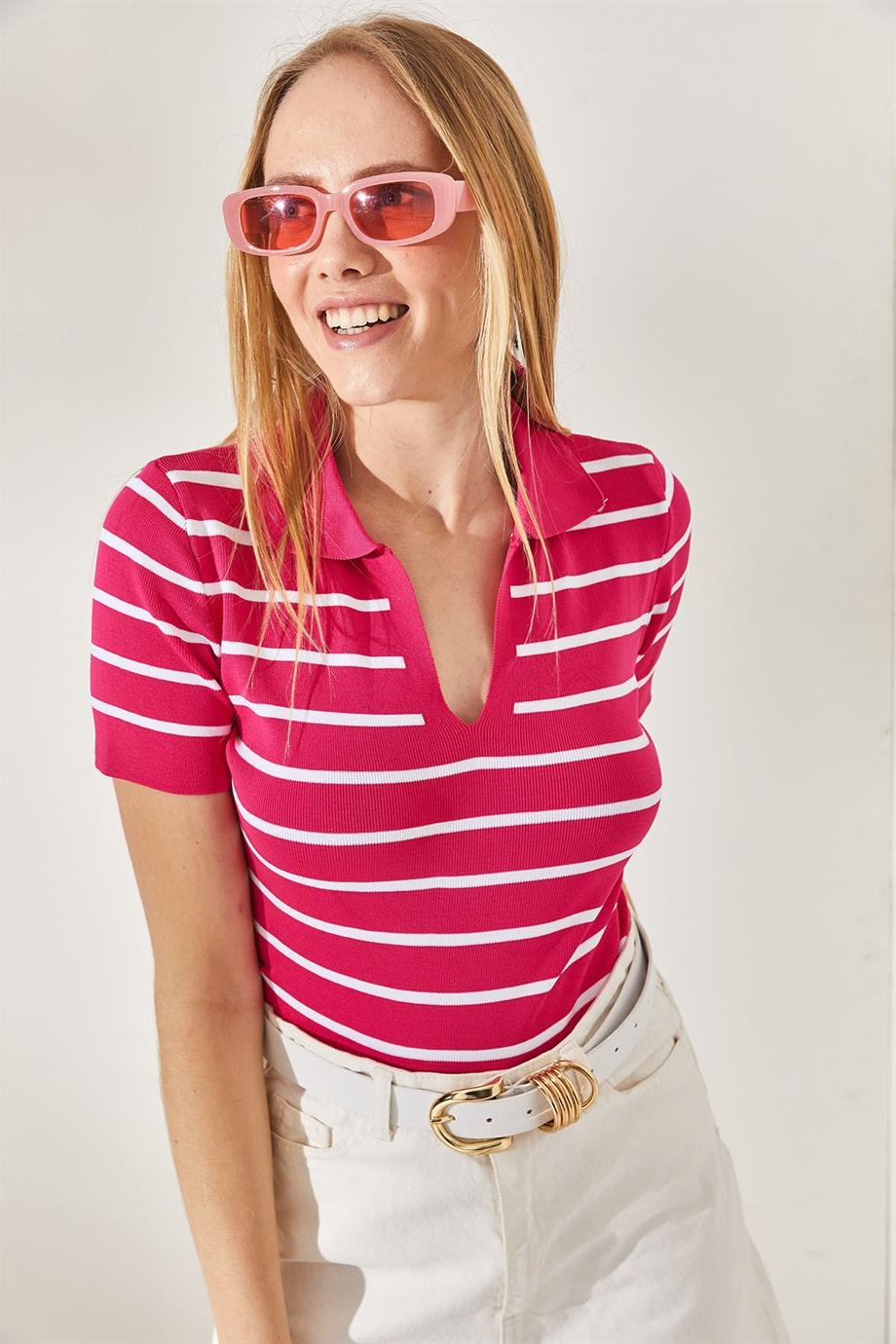 Polo Yaka Çizgili Crop Triko Bluz Fuşya