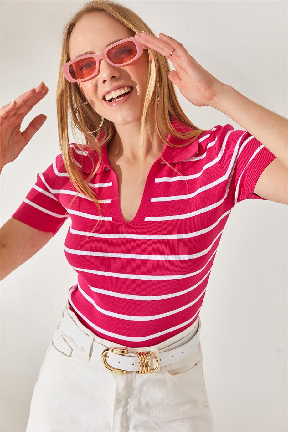 Polo Yaka Çizgili Crop Triko Bluz Fuşya