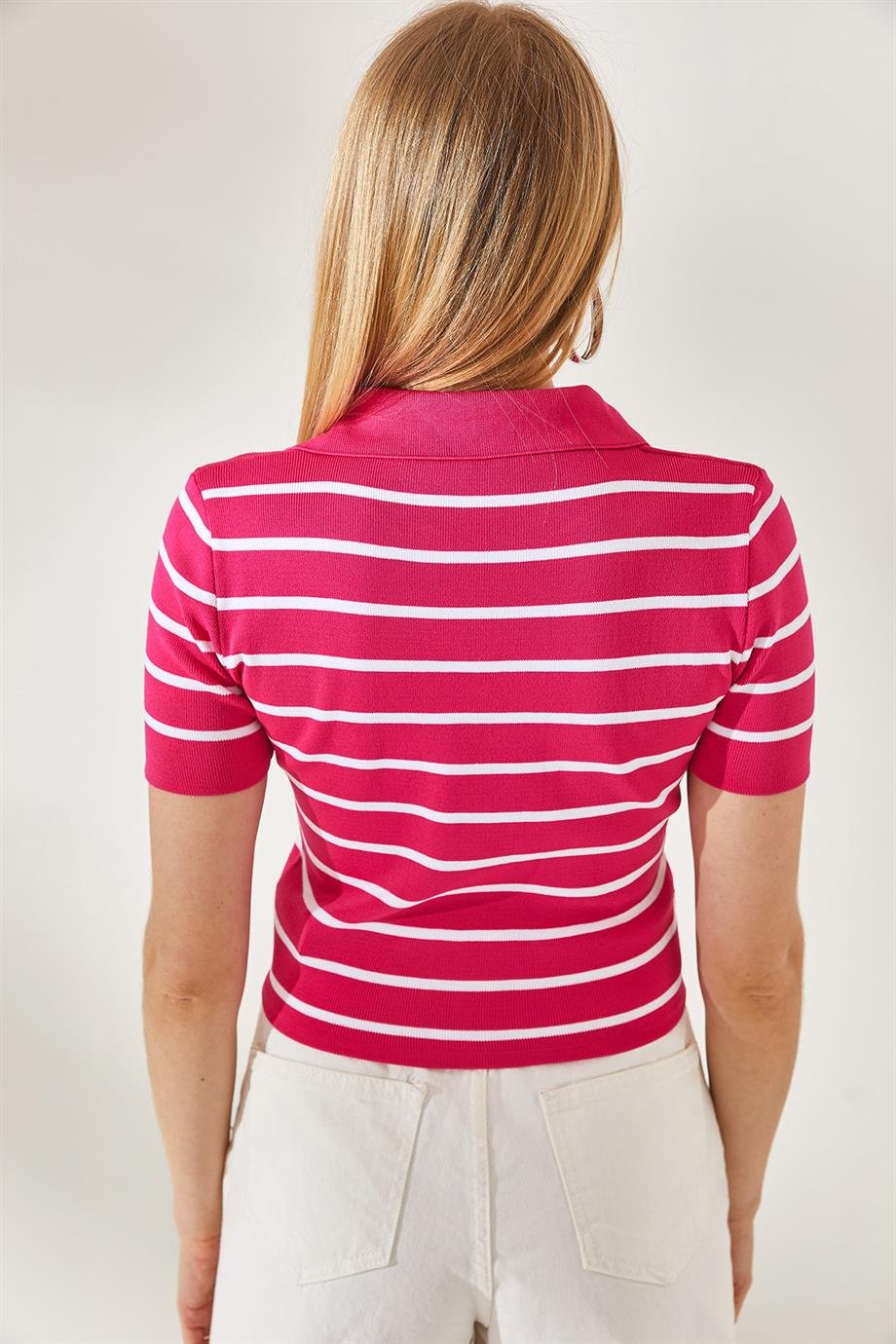Polo Yaka Çizgili Crop Triko Bluz Fuşya
