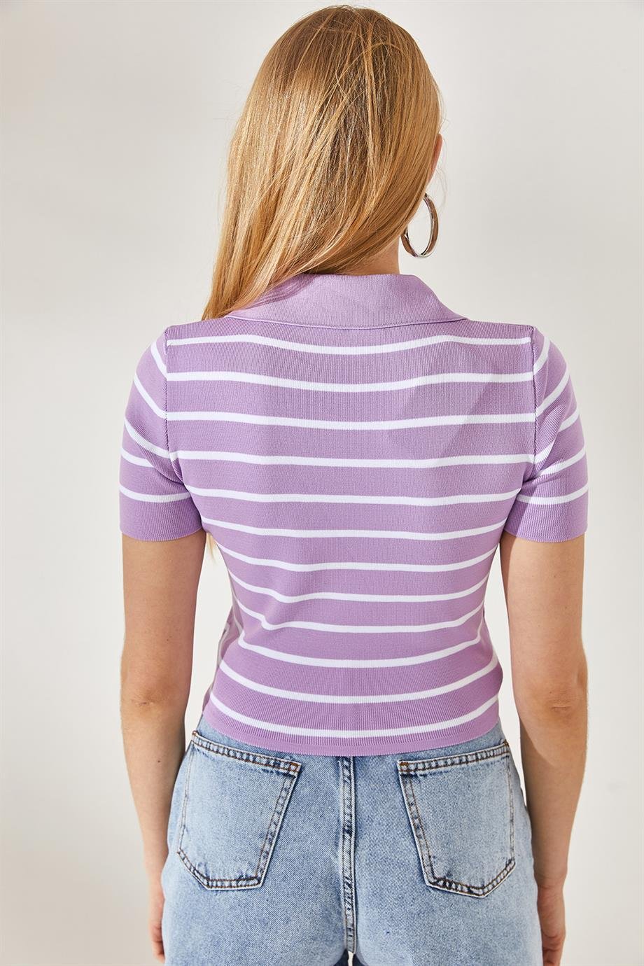 Polo Yaka Çizgili Crop Triko Bluz Lila