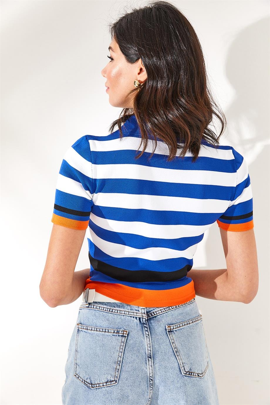 Polo Yaka Çizgili Crop Triko Bluz Saks Mavi Siyah