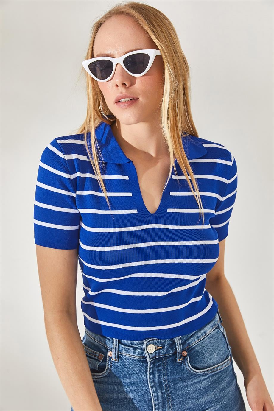 Polo Yaka Çizgili Crop Triko Bluz Saks Mavi