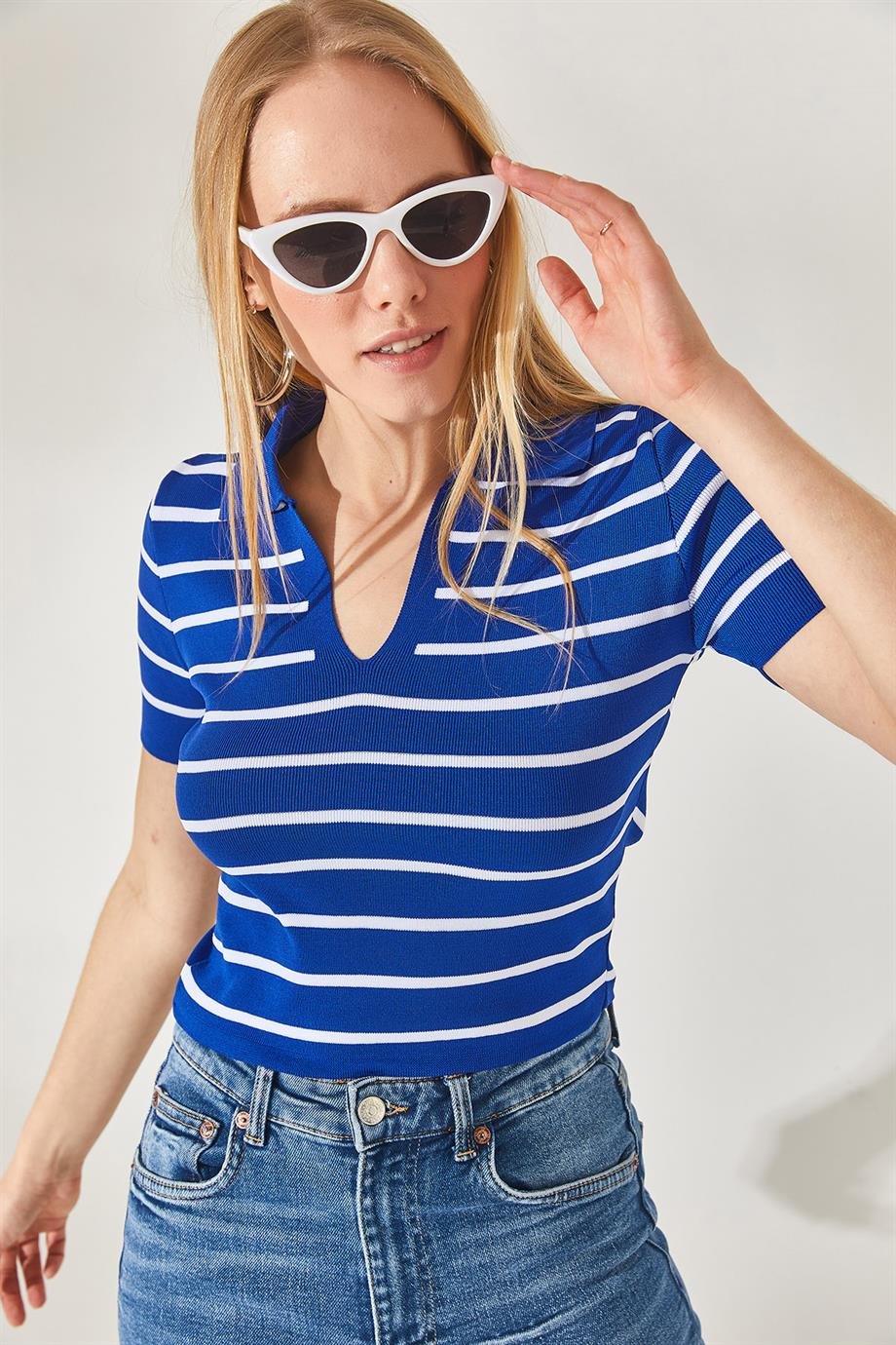 Polo Yaka Çizgili Crop Triko Bluz Saks Mavi