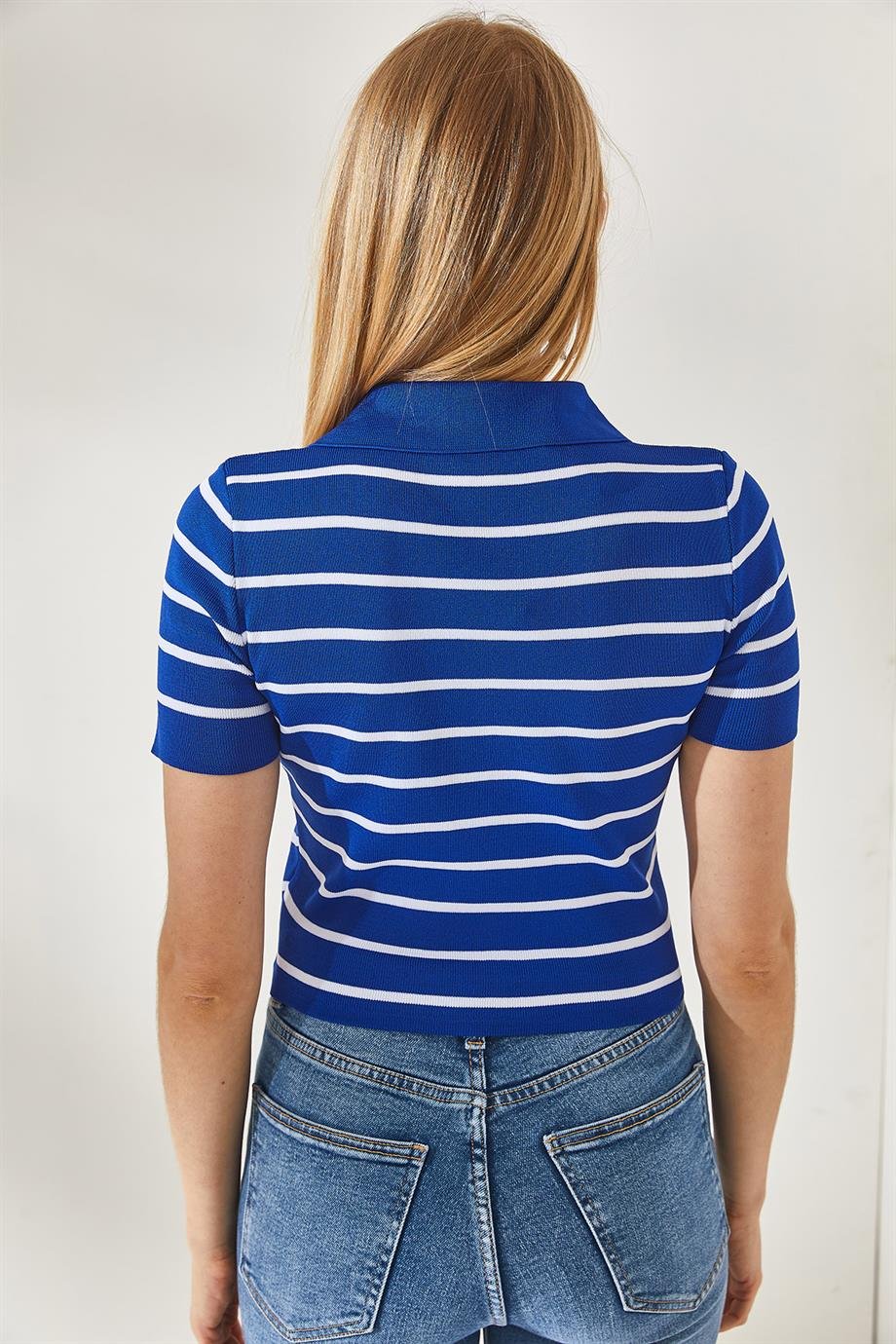 Polo Yaka Çizgili Crop Triko Bluz Saks Mavi