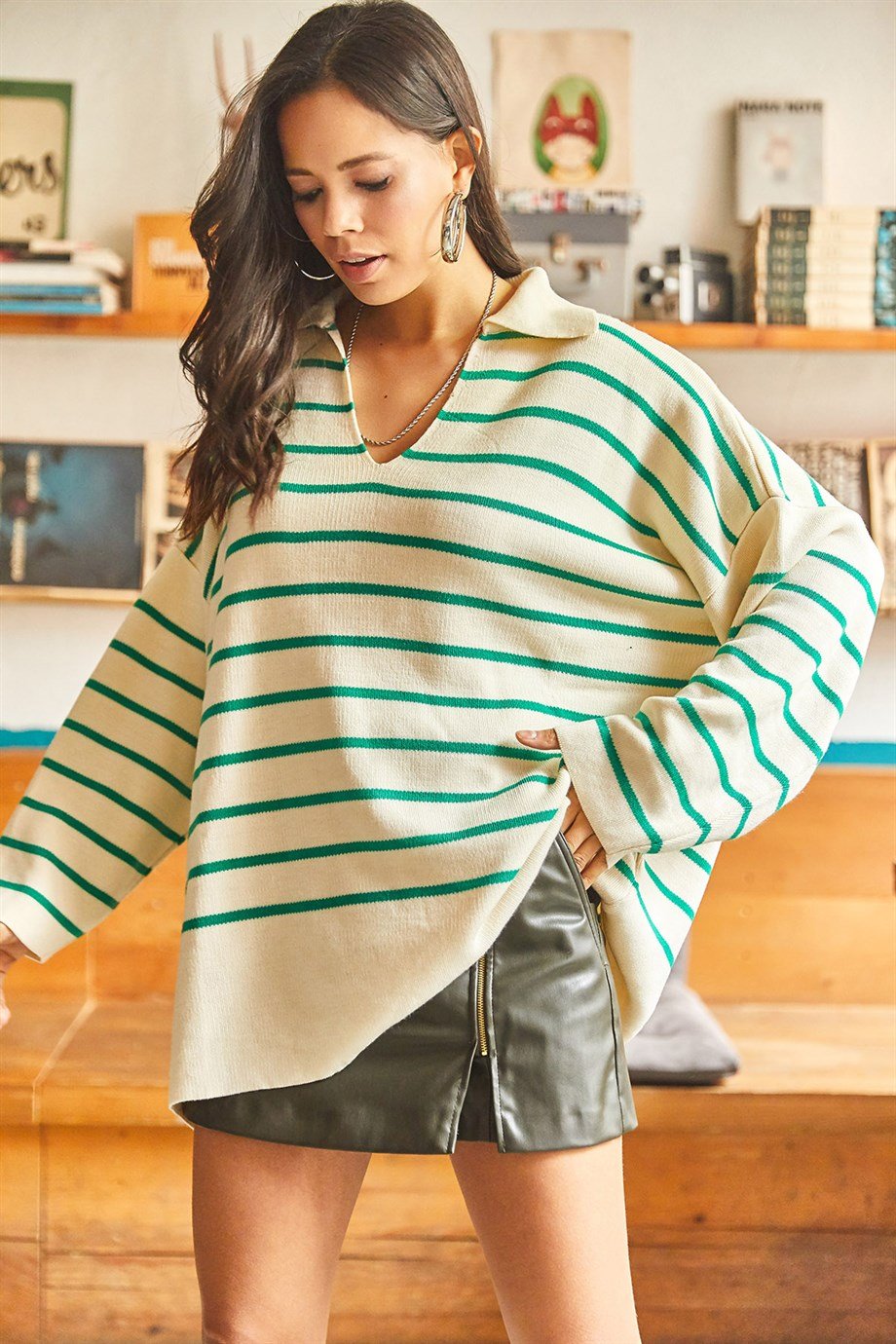 Polo Yaka Çizgili Oversize Triko Kazak Zümrüt Yeşili