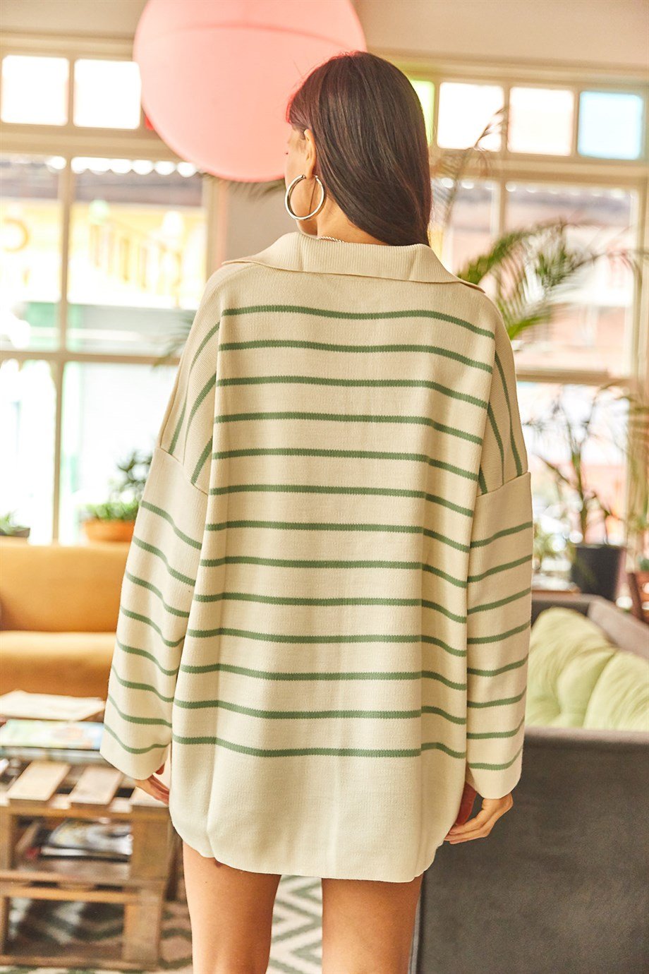 Polo Yaka Çizgili Oversize Triko Kazak Su Yeşili