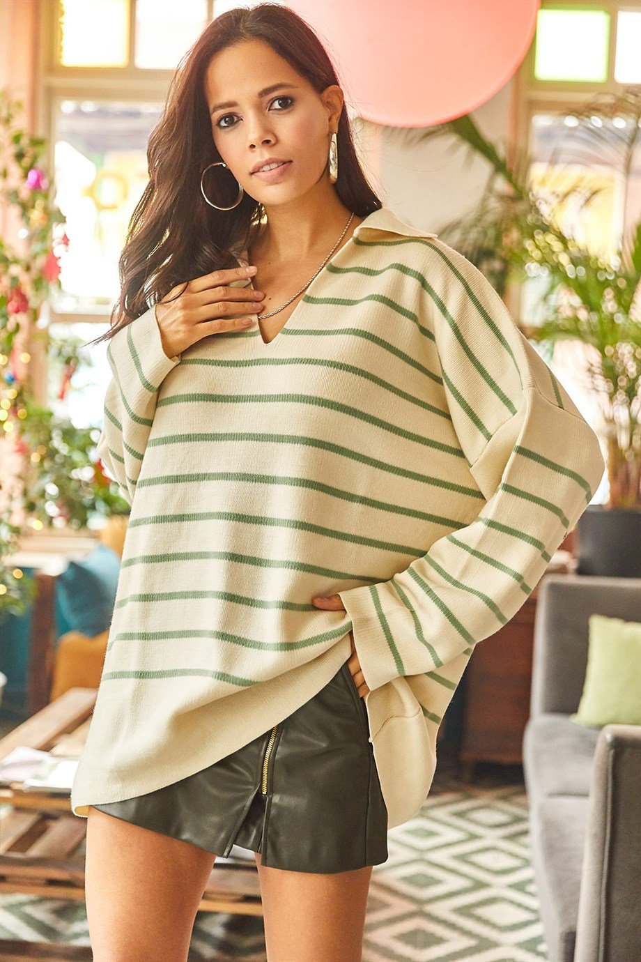 Polo Yaka Çizgili Oversize Triko Kazak Su Yeşili