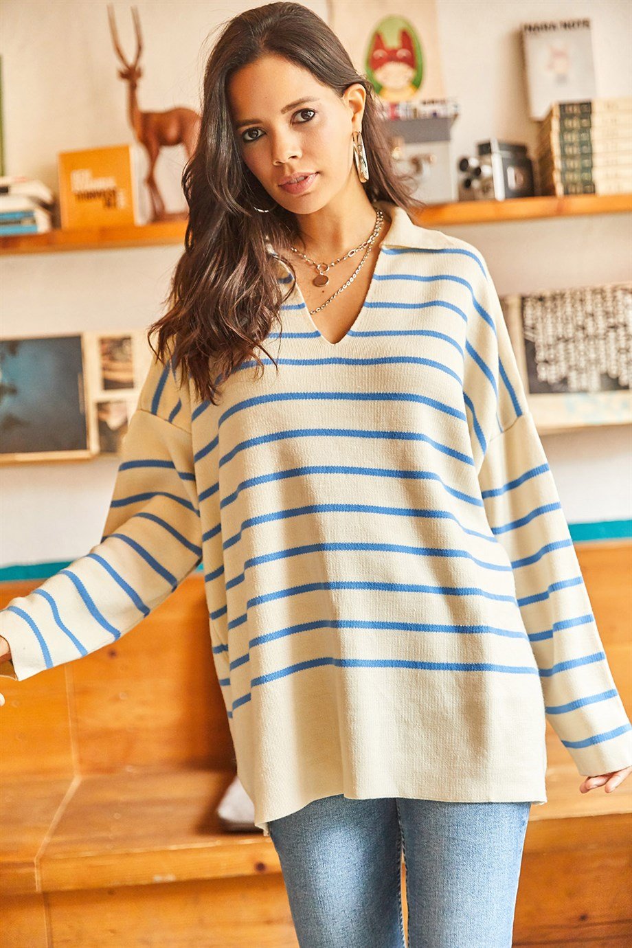 Polo Yaka Çizgili Oversize Triko Kazak Mavi