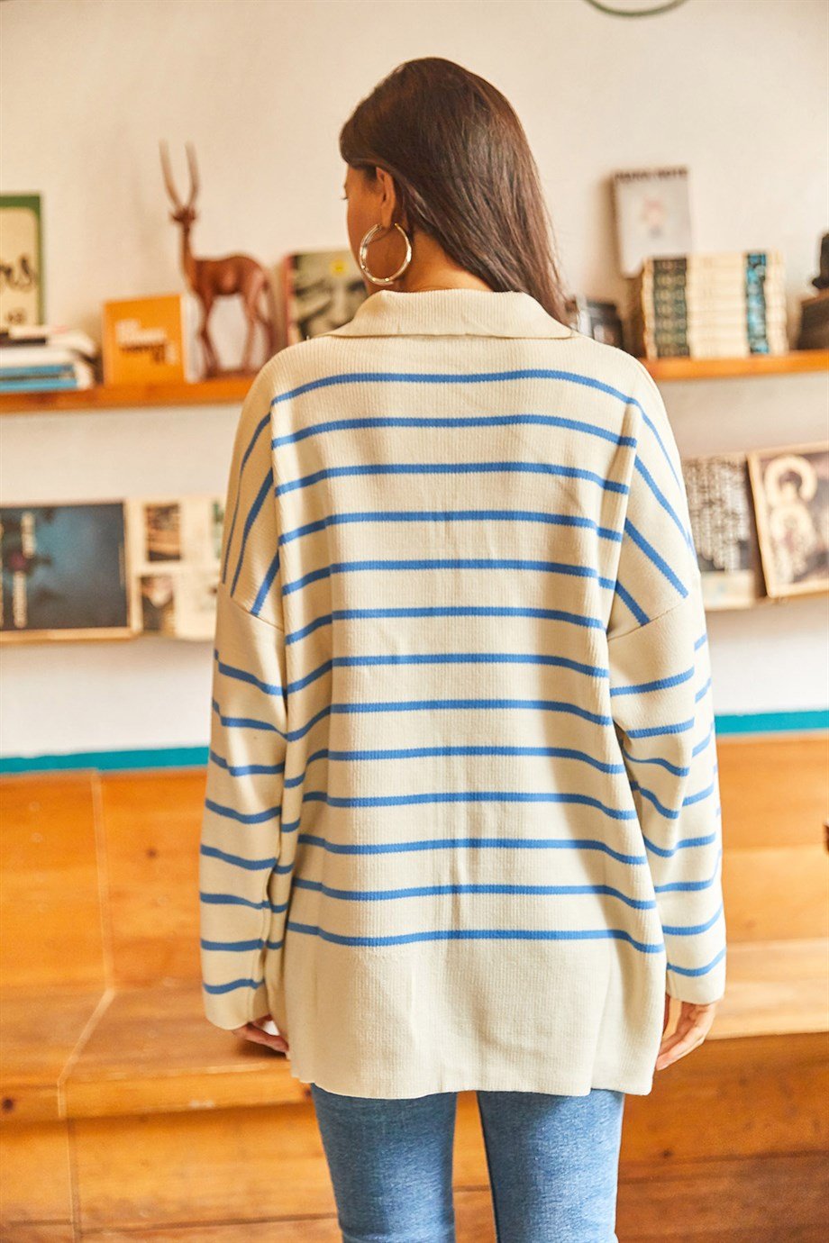 Polo Yaka Çizgili Oversize Triko Kazak Mavi