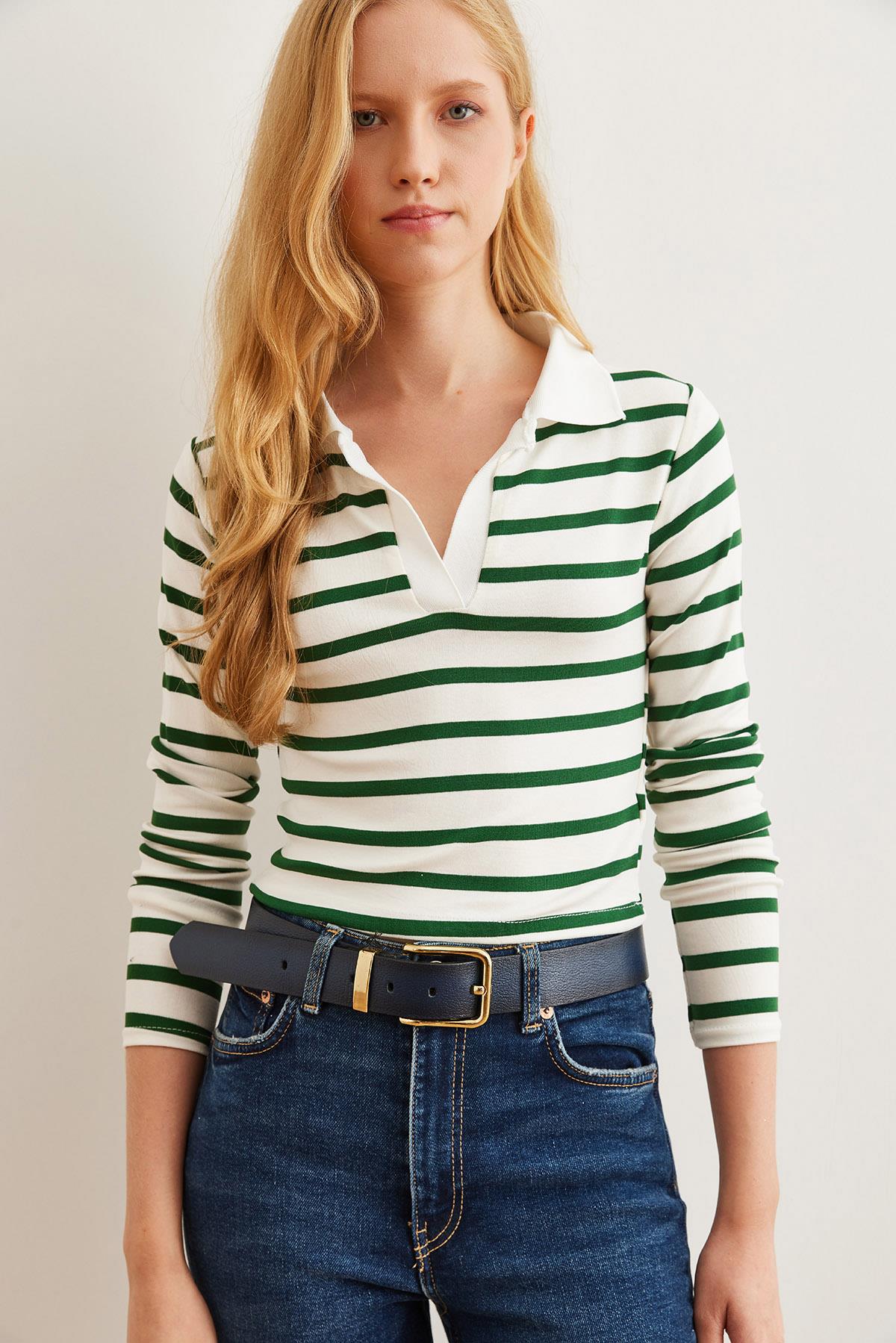 Polo Yaka Çizgili Soft Touch Esnek Crop Bluz Yeşil