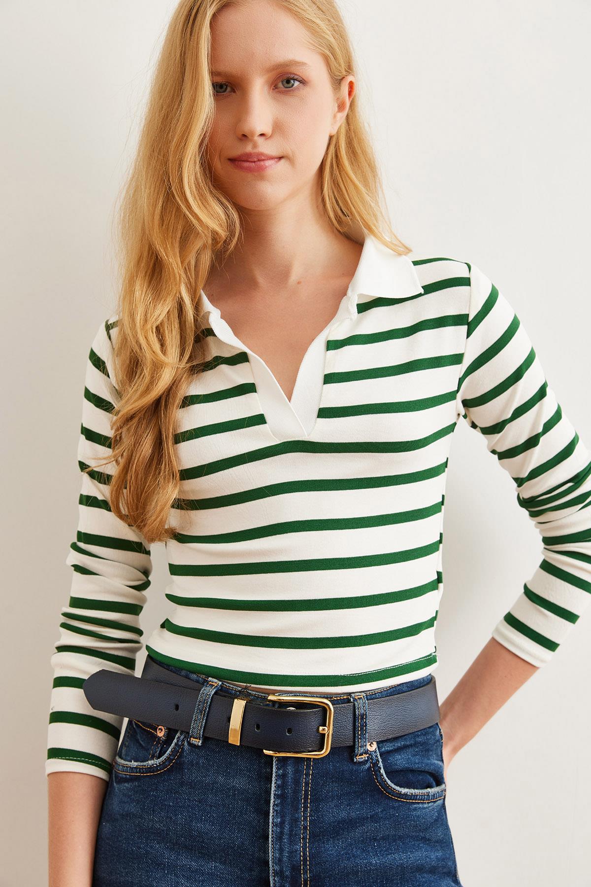 Polo Yaka Çizgili Soft Touch Esnek Crop Bluz Yeşil