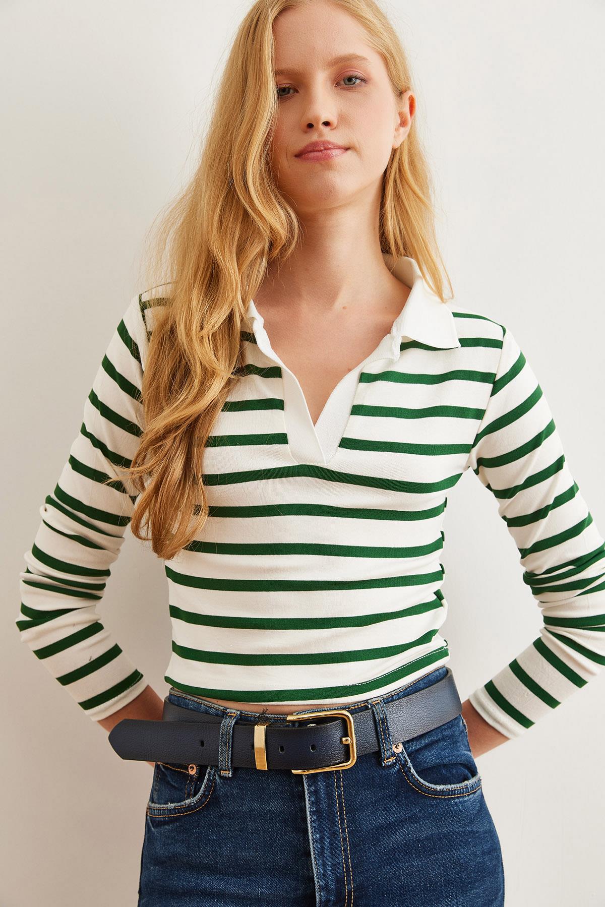 Polo Yaka Çizgili Soft Touch Esnek Crop Bluz Yeşil