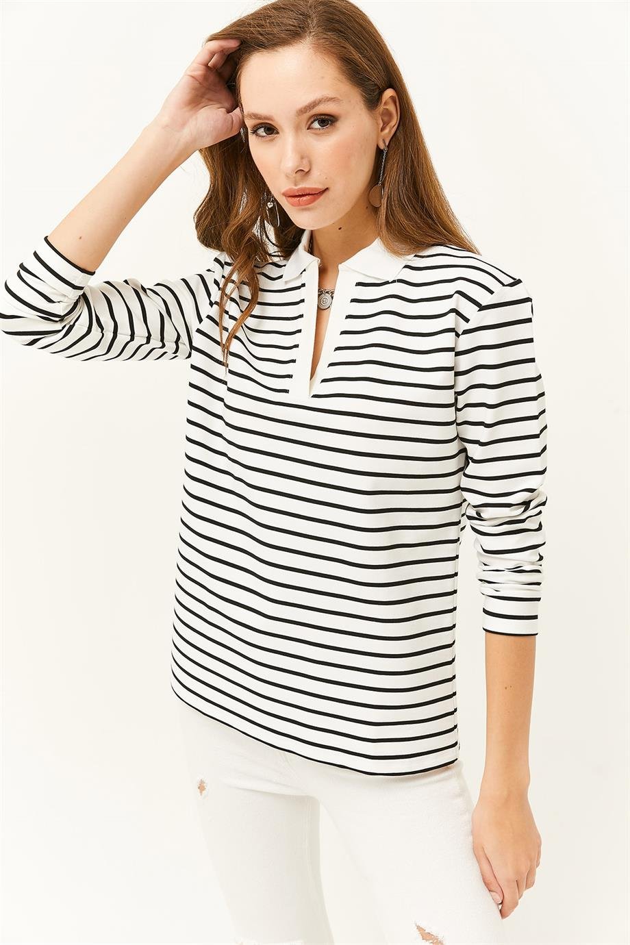 Polo Yaka Çizgili Sweatshirt Beyaz