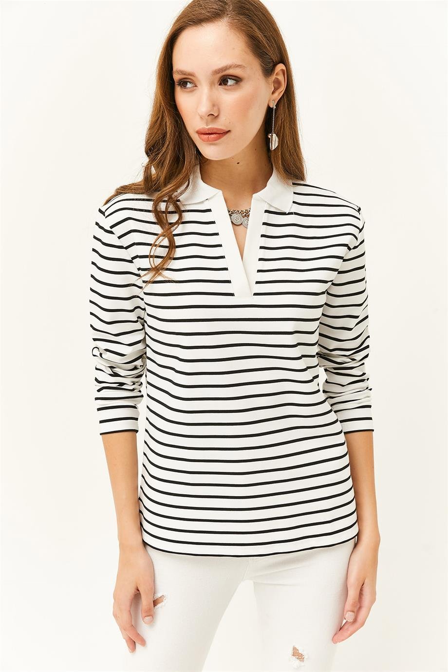 Polo Yaka Çizgili Sweatshirt Beyaz