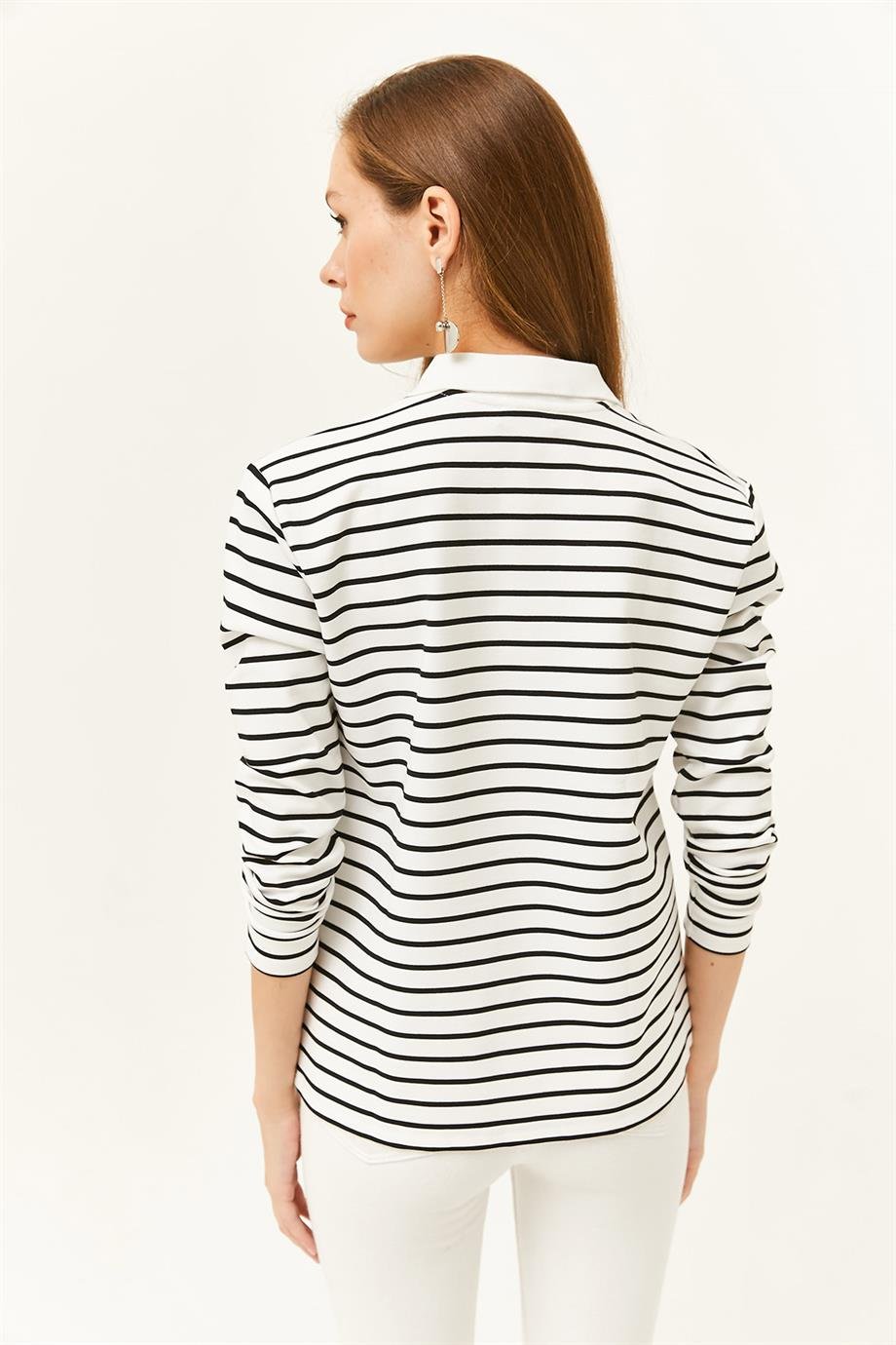 Polo Yaka Çizgili Sweatshirt Beyaz