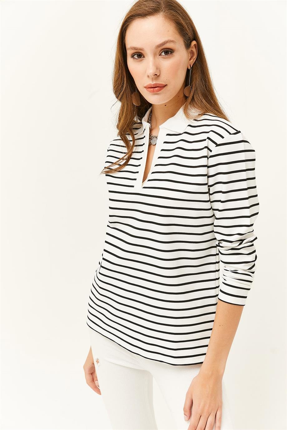 Polo Yaka Çizgili Sweatshirt Beyaz