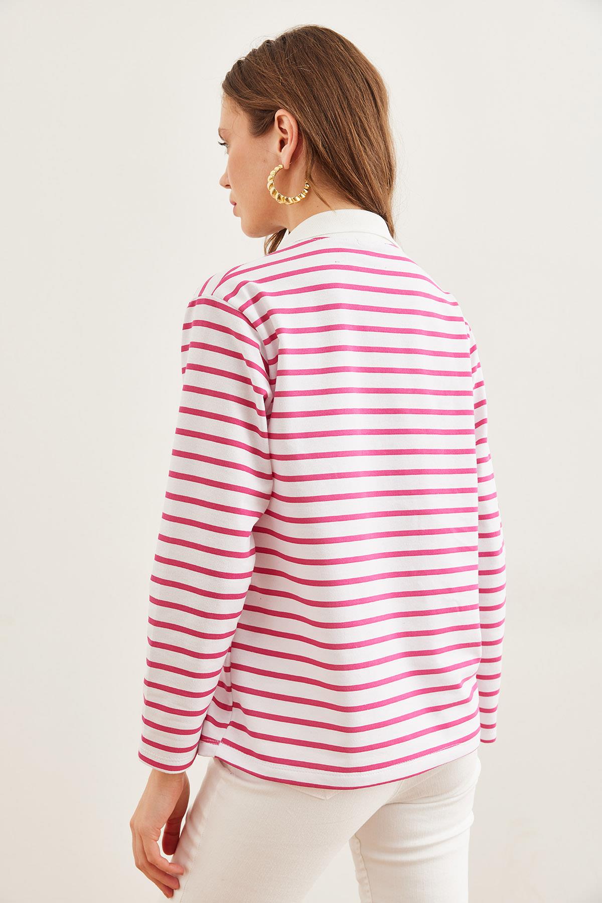 Polo Yaka Çizgili Sweatshirt Fuşya