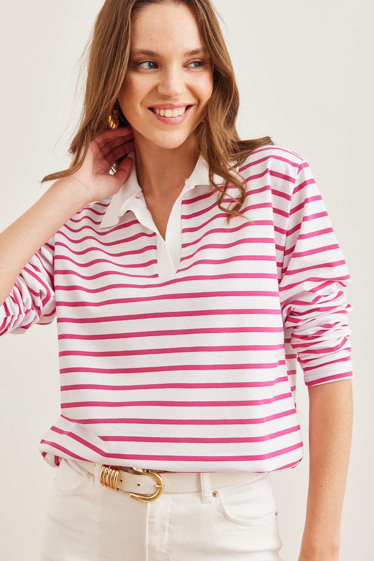 Polo Yaka Çizgili Sweatshirt Fuşya