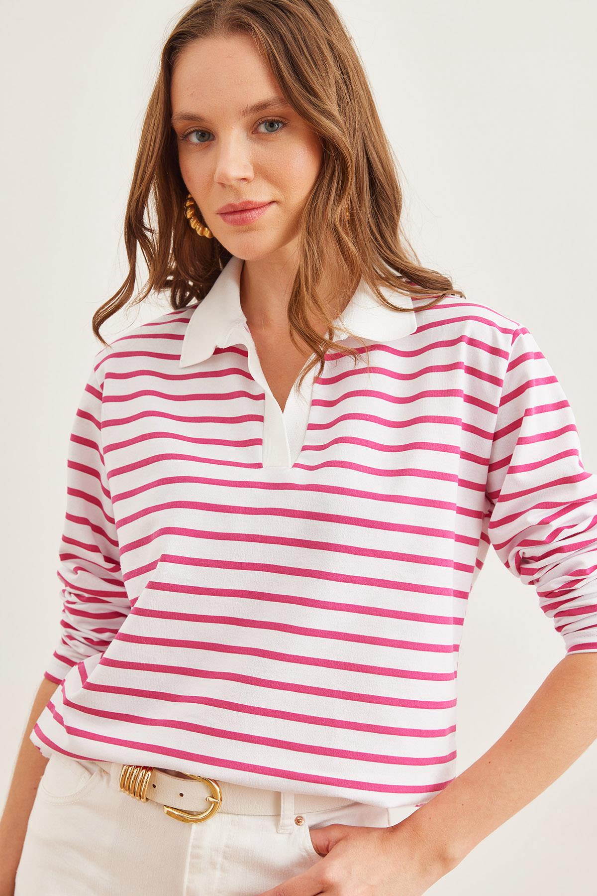 Polo Yaka Çizgili Sweatshirt Fuşya