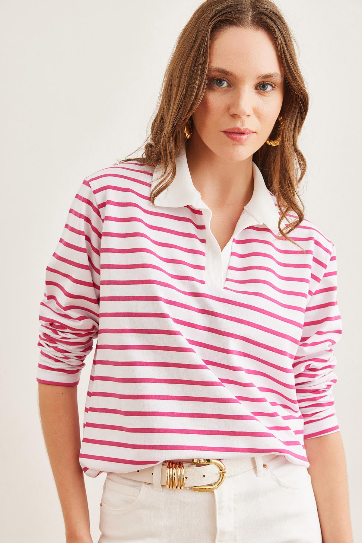 Polo Yaka Çizgili Sweatshirt Fuşya