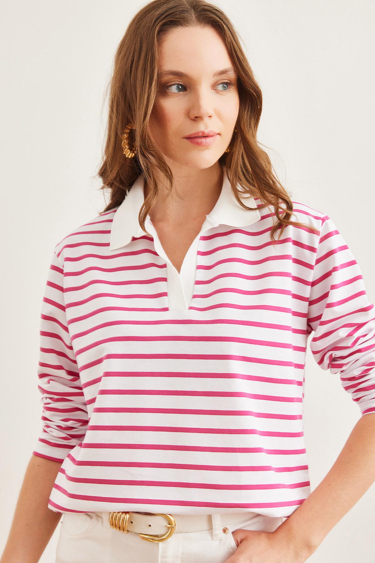 Polo Yaka Çizgili Sweatshirt Fuşya