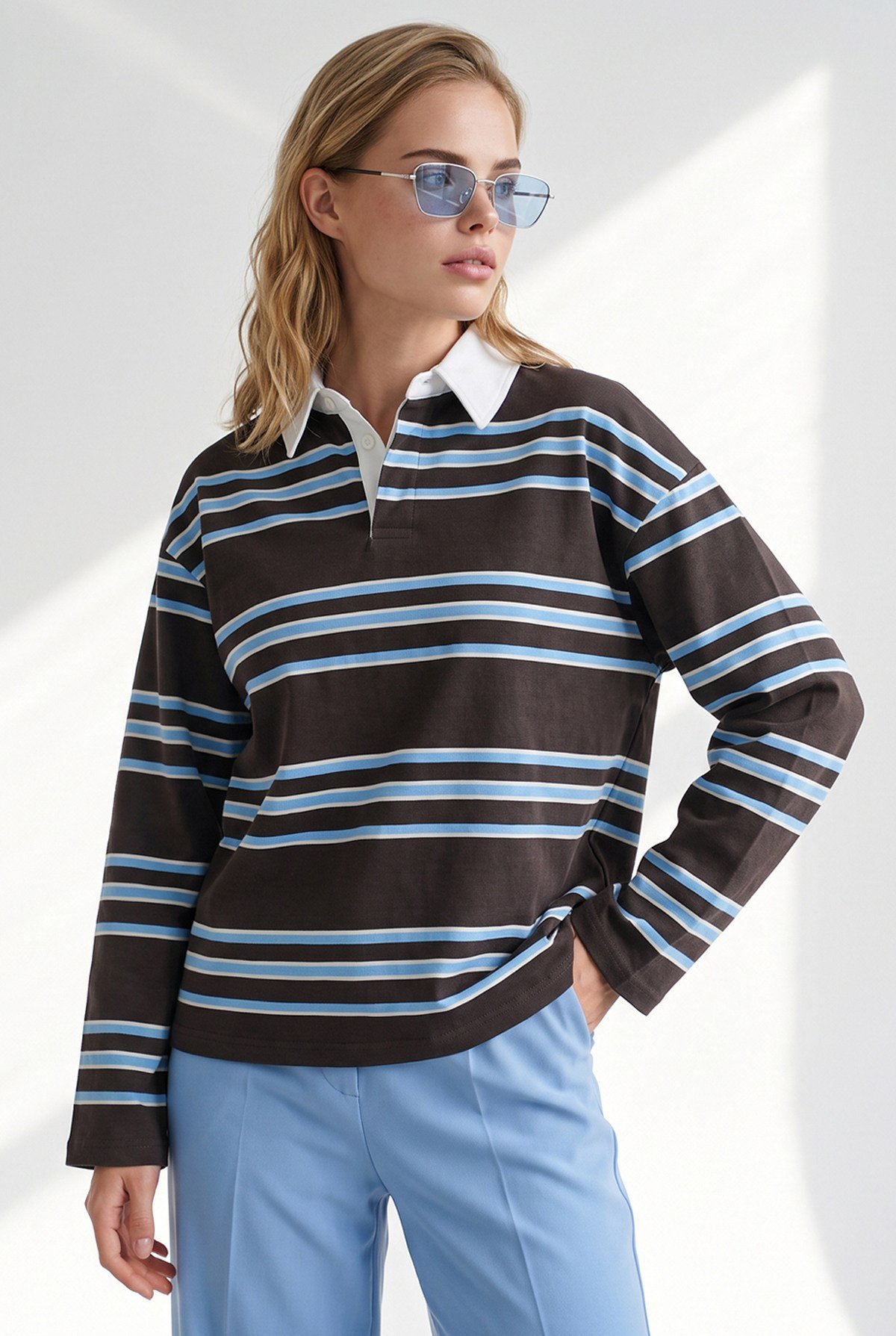 Polo Yaka Çizgili Sweatshirt Kahverengi