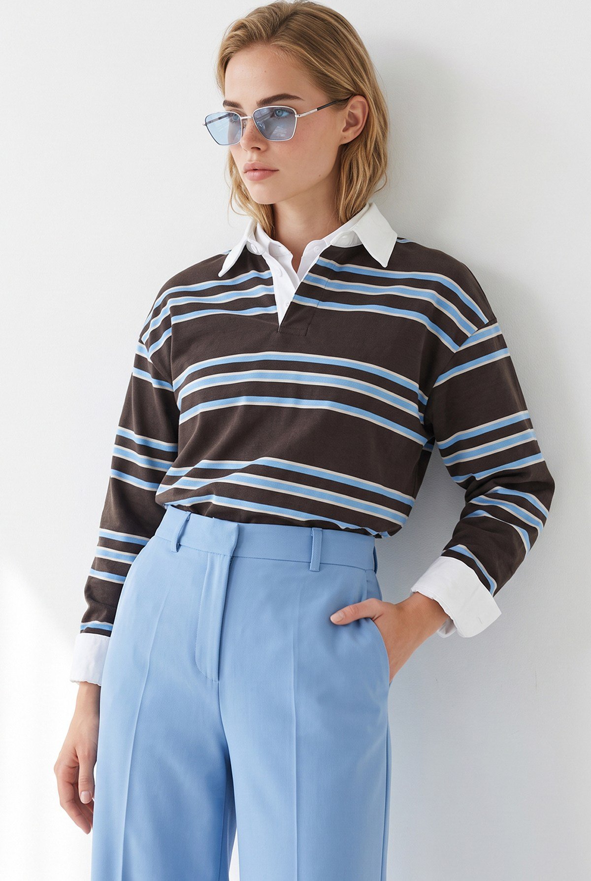 Polo Yaka Çizgili Sweatshirt Kahverengi