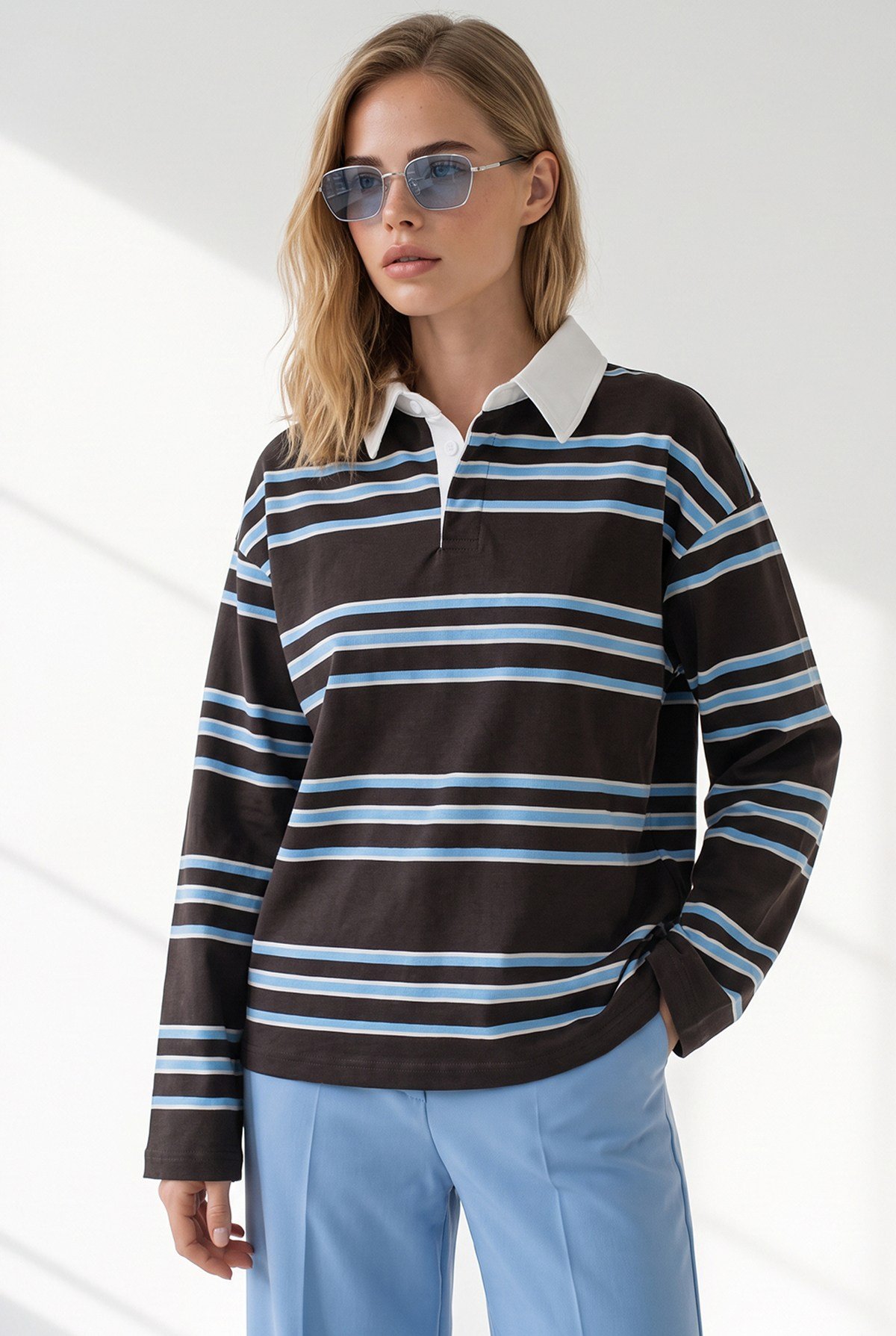 Polo Yaka Çizgili Sweatshirt Kahverengi