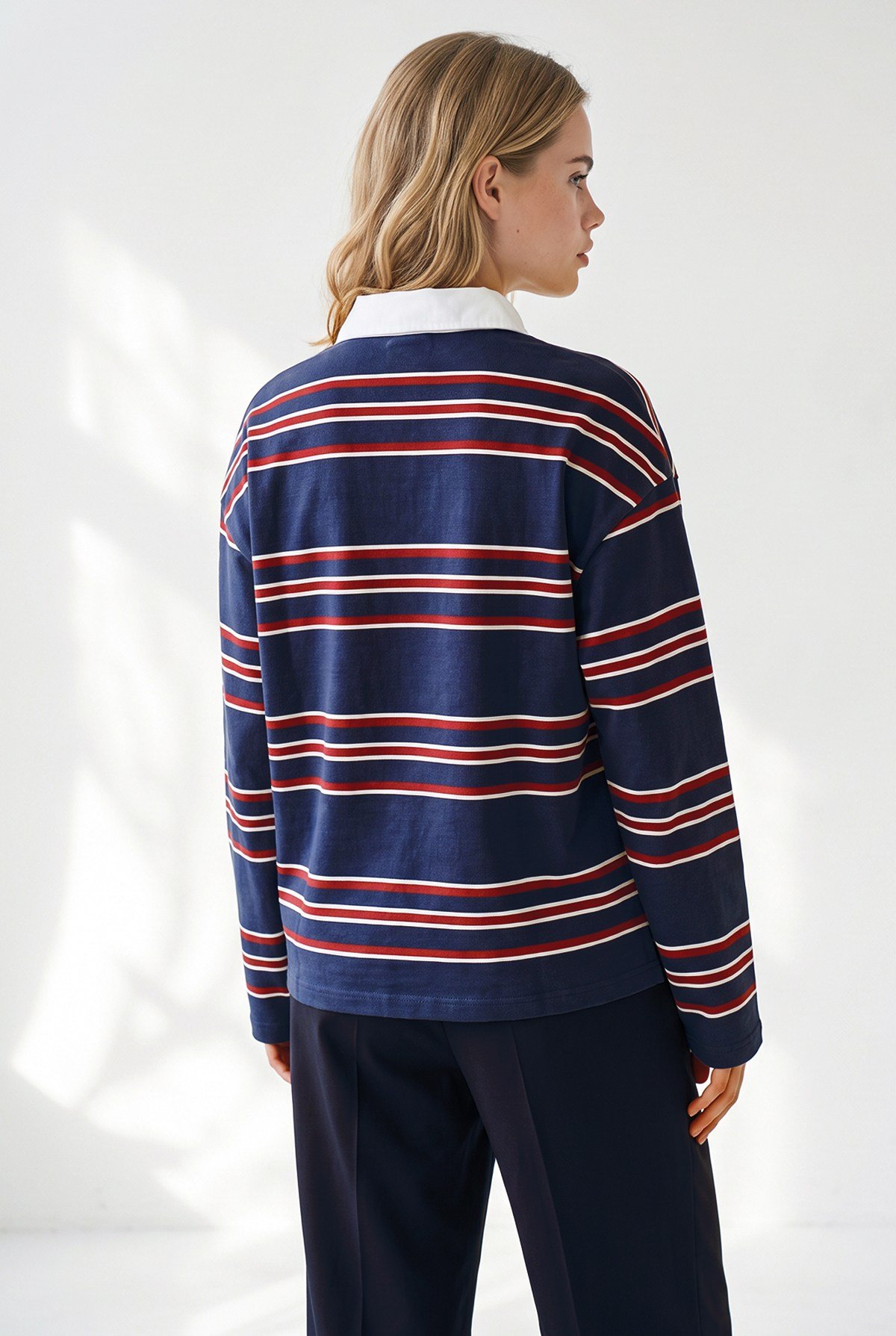 Polo Yaka Çizgili Sweatshirt Lacivert