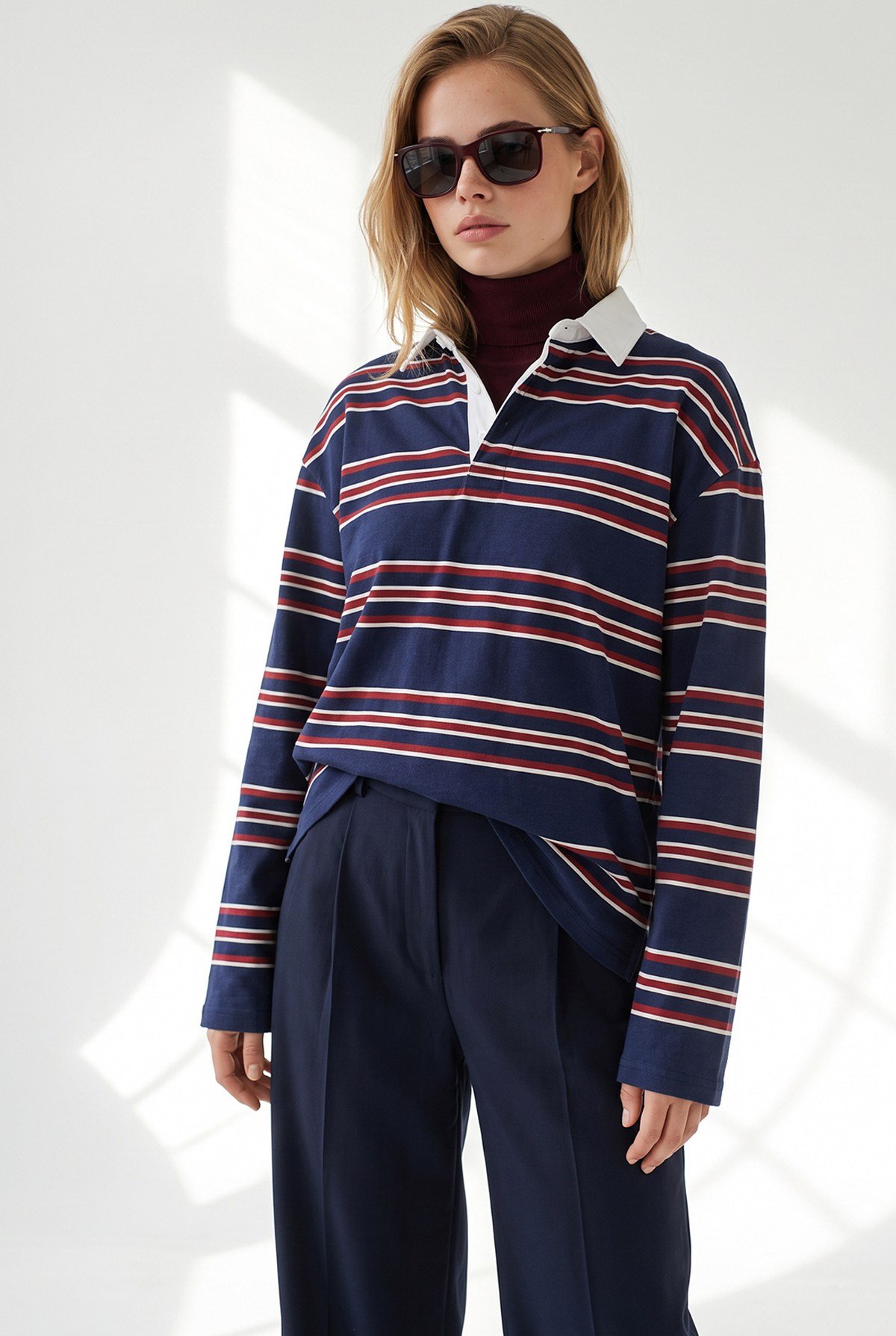 Polo Yaka Çizgili Sweatshirt Lacivert