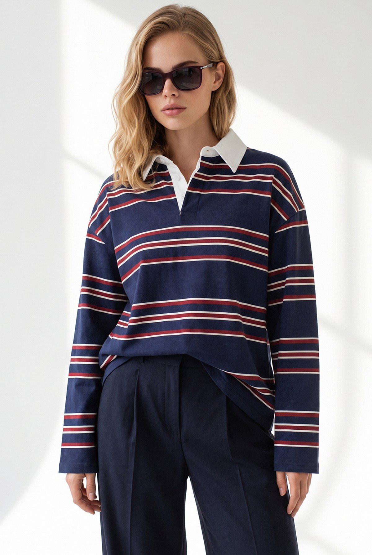 Polo Yaka Çizgili Sweatshirt Lacivert