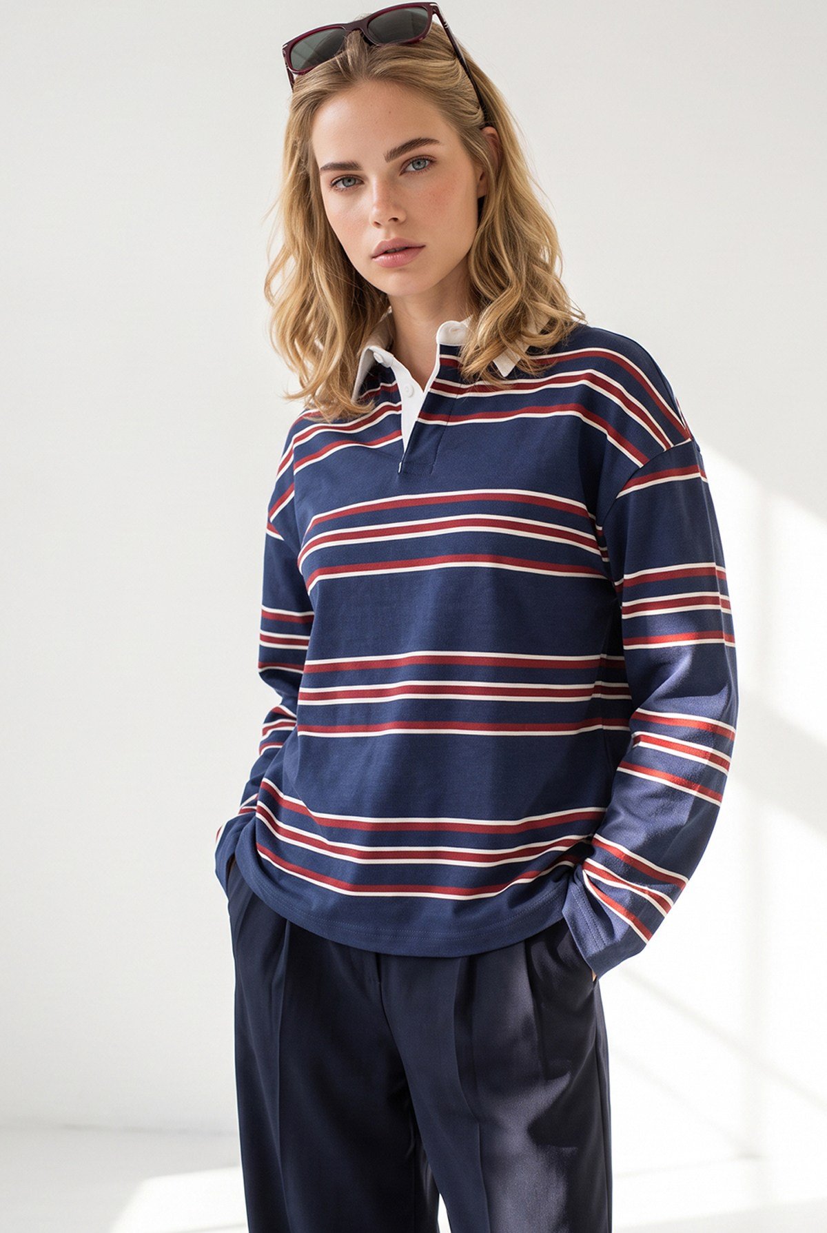 Polo Yaka Çizgili Sweatshirt Lacivert