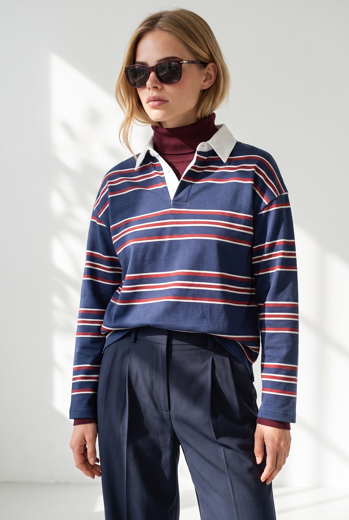 Polo Yaka Çizgili Sweatshirt Lacivert