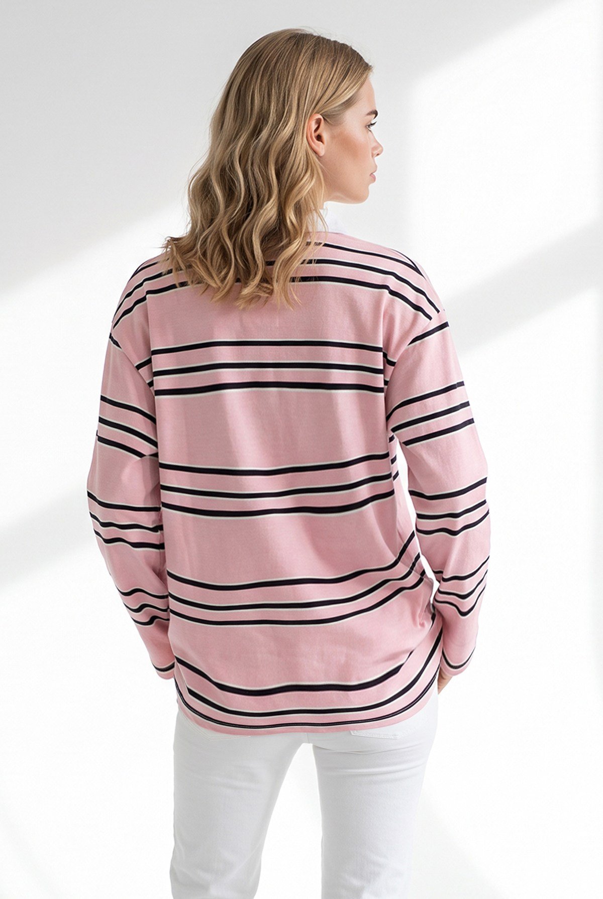 Polo Yaka Çizgili Sweatshirt Pembe