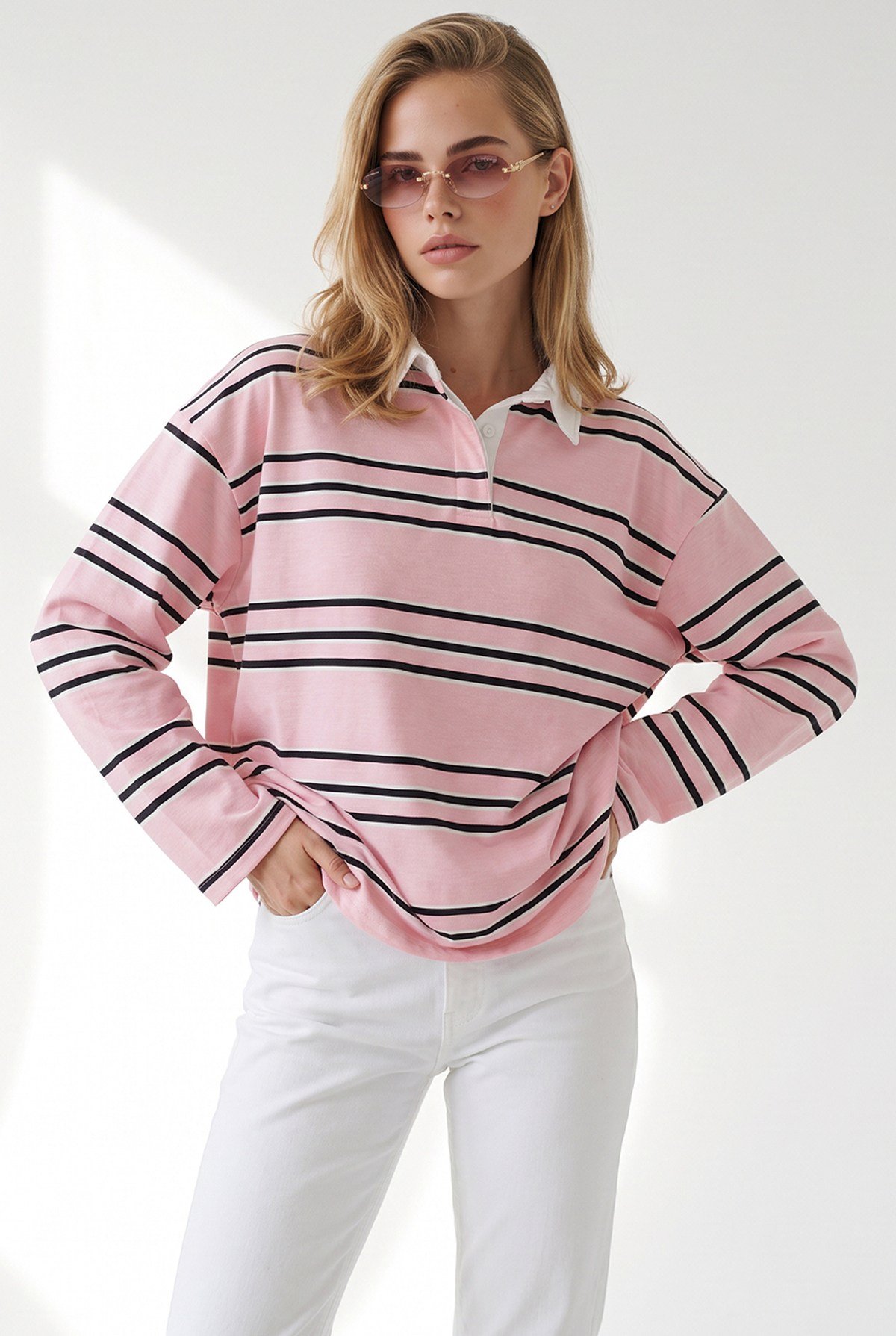 Polo Yaka Çizgili Sweatshirt Pembe