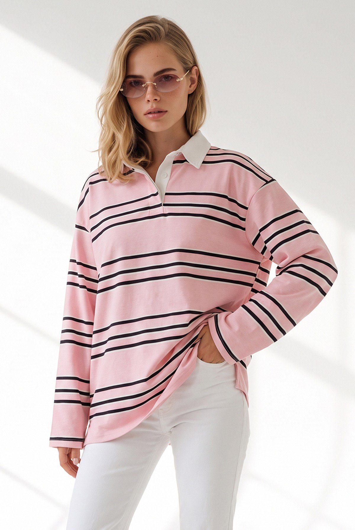 Polo Yaka Çizgili Sweatshirt Pembe