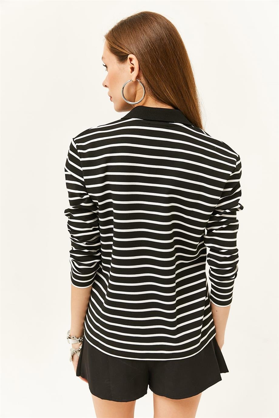 Polo Yaka Çizgili Sweatshirt Siyah