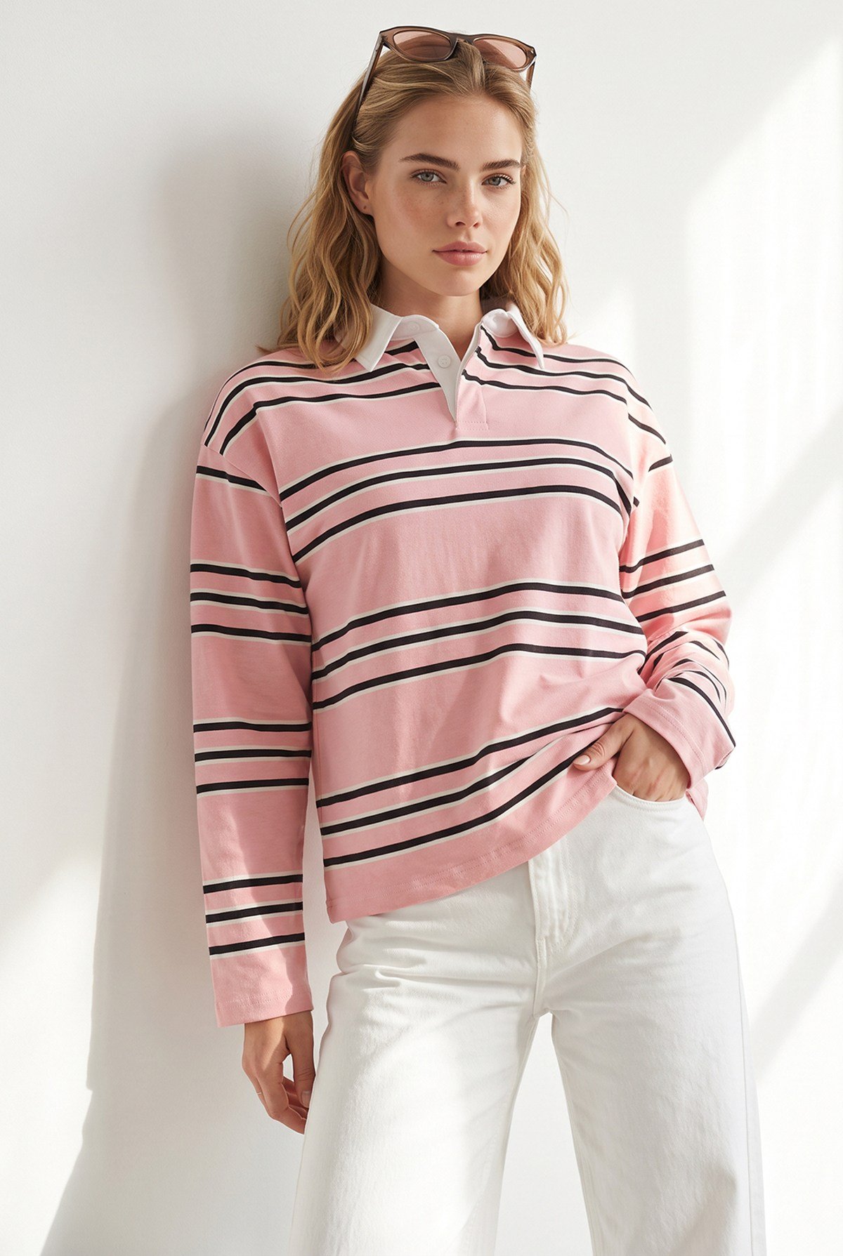 Polo Yaka Çizgili Sweatshirt Somon