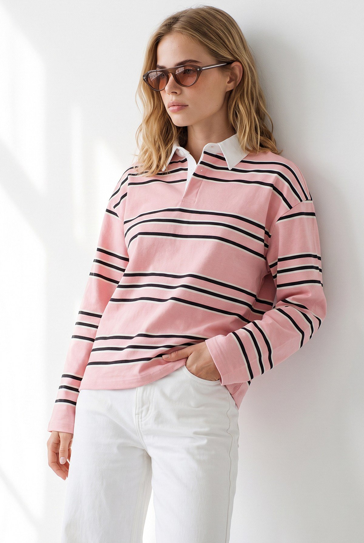 Polo Yaka Çizgili Sweatshirt Somon