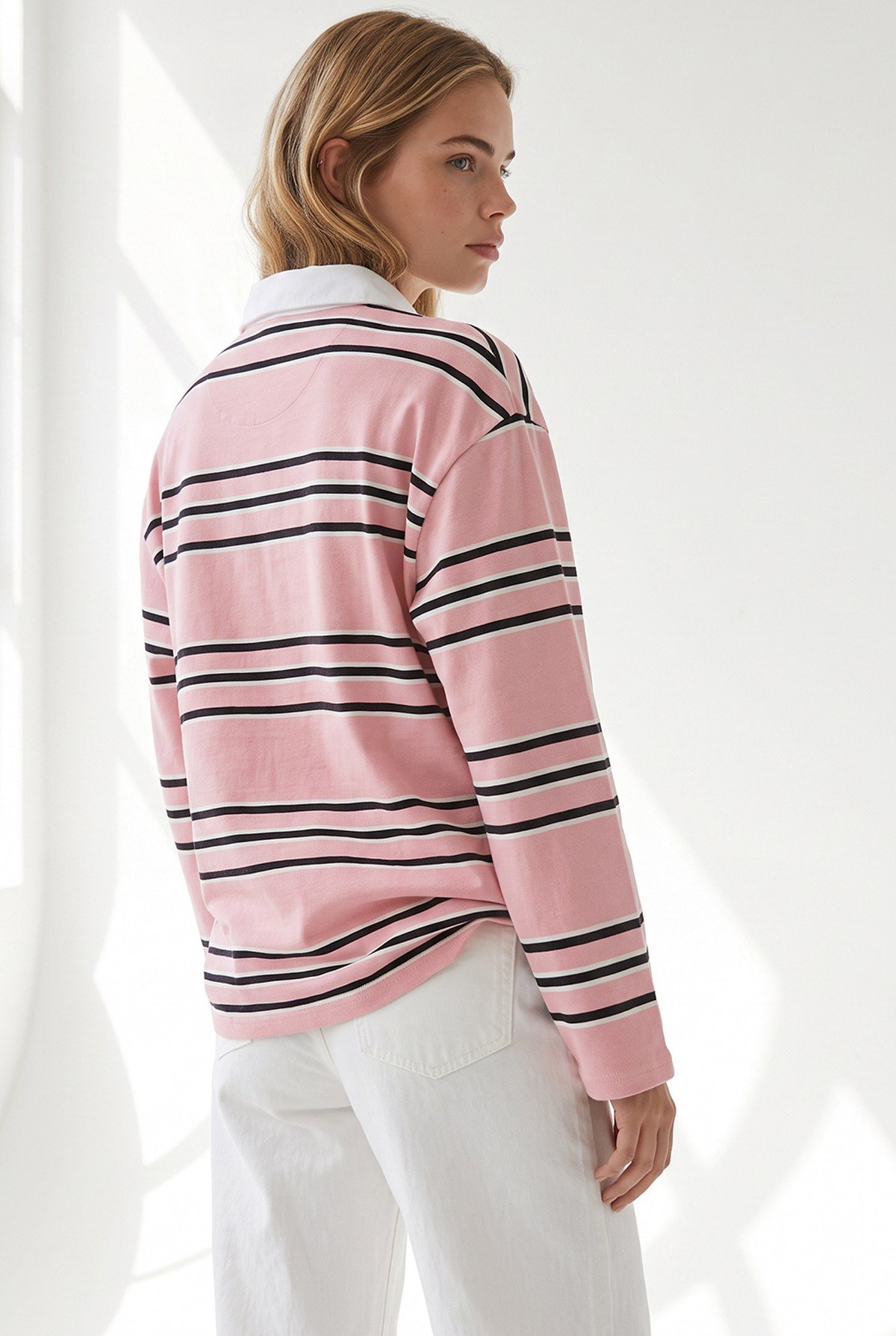 Polo Yaka Çizgili Sweatshirt Somon