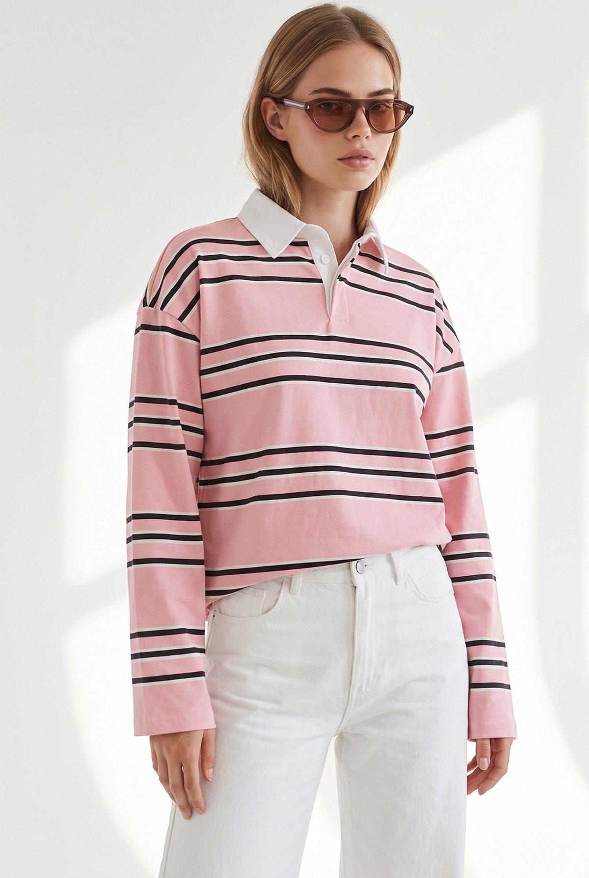 Polo Yaka Çizgili Sweatshirt Somon
