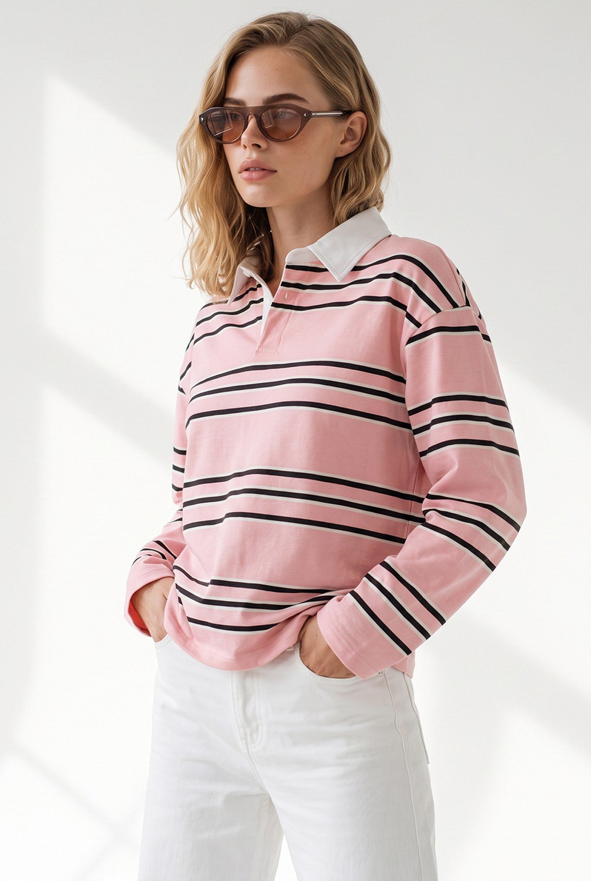 Polo Yaka Çizgili Sweatshirt Somon
