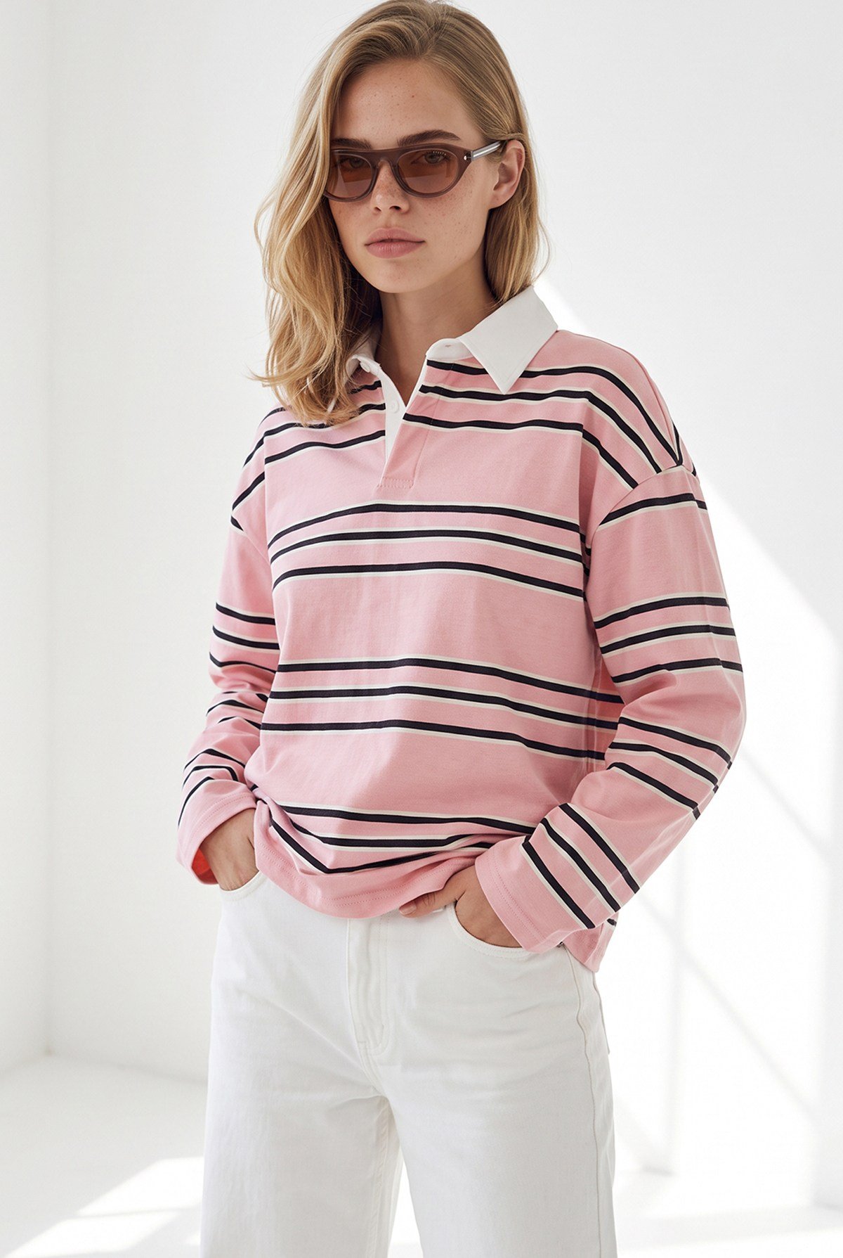 Polo Yaka Çizgili Sweatshirt Somon