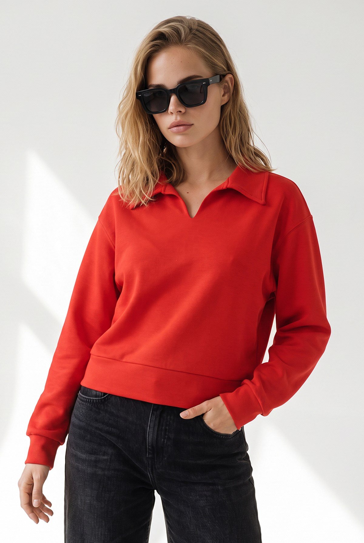 Polo Yaka Dökümlü Crop Sweatshirt Kırmızı