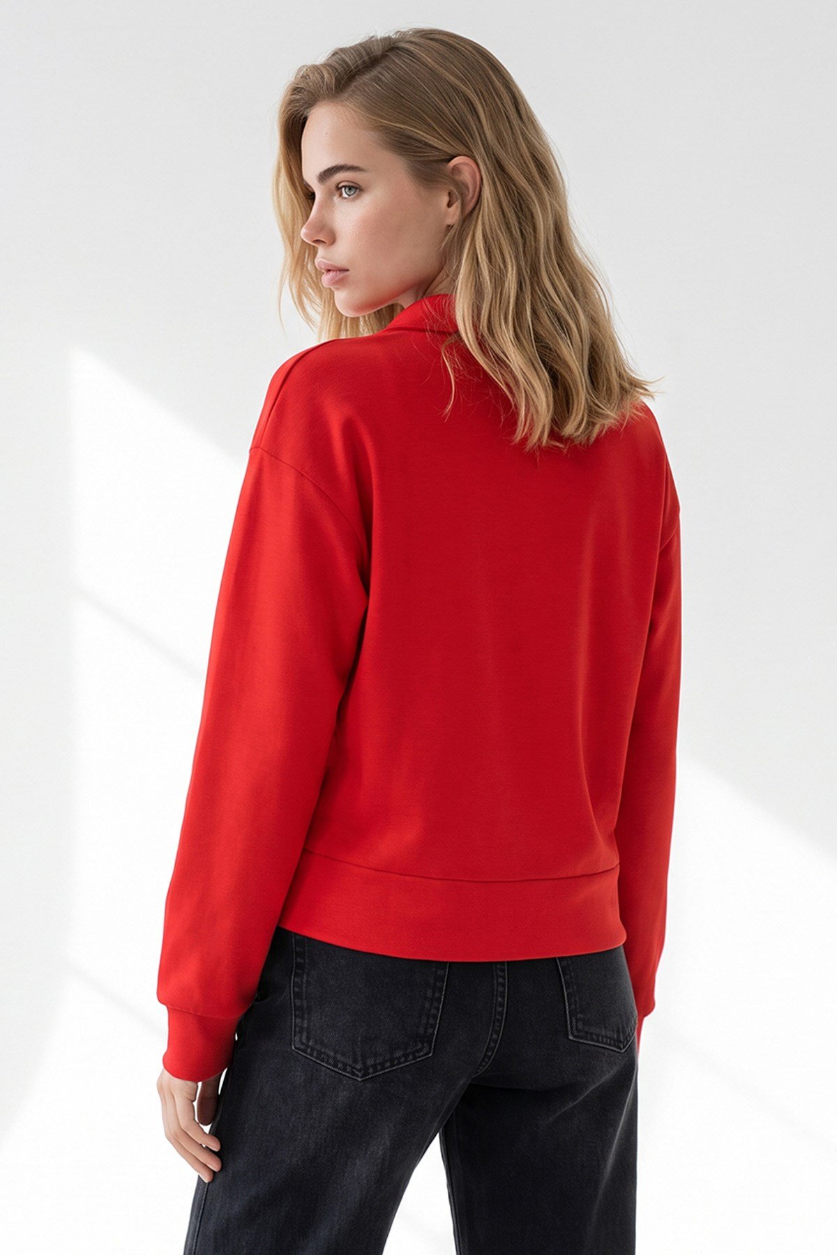 Polo Yaka Dökümlü Crop Sweatshirt Kırmızı