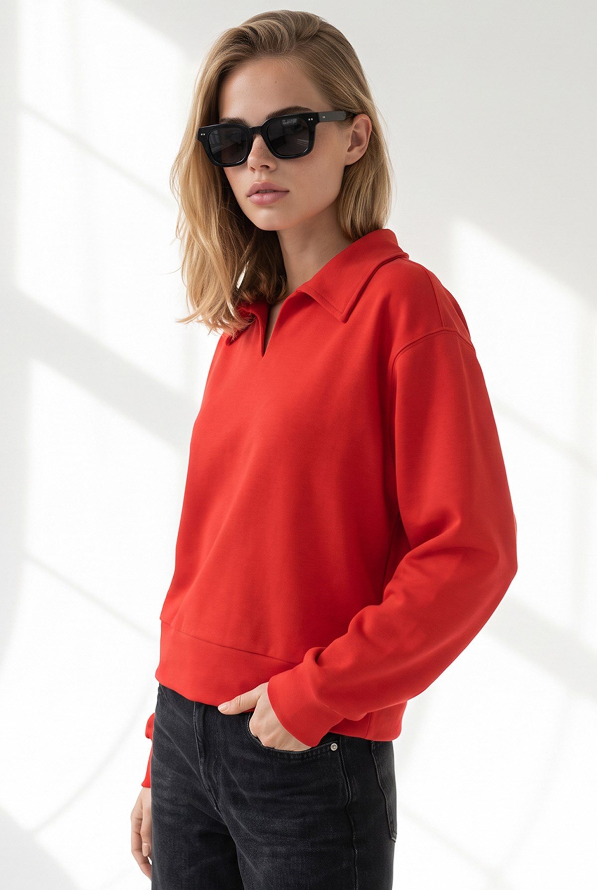 Polo Yaka Dökümlü Crop Sweatshirt Kırmızı