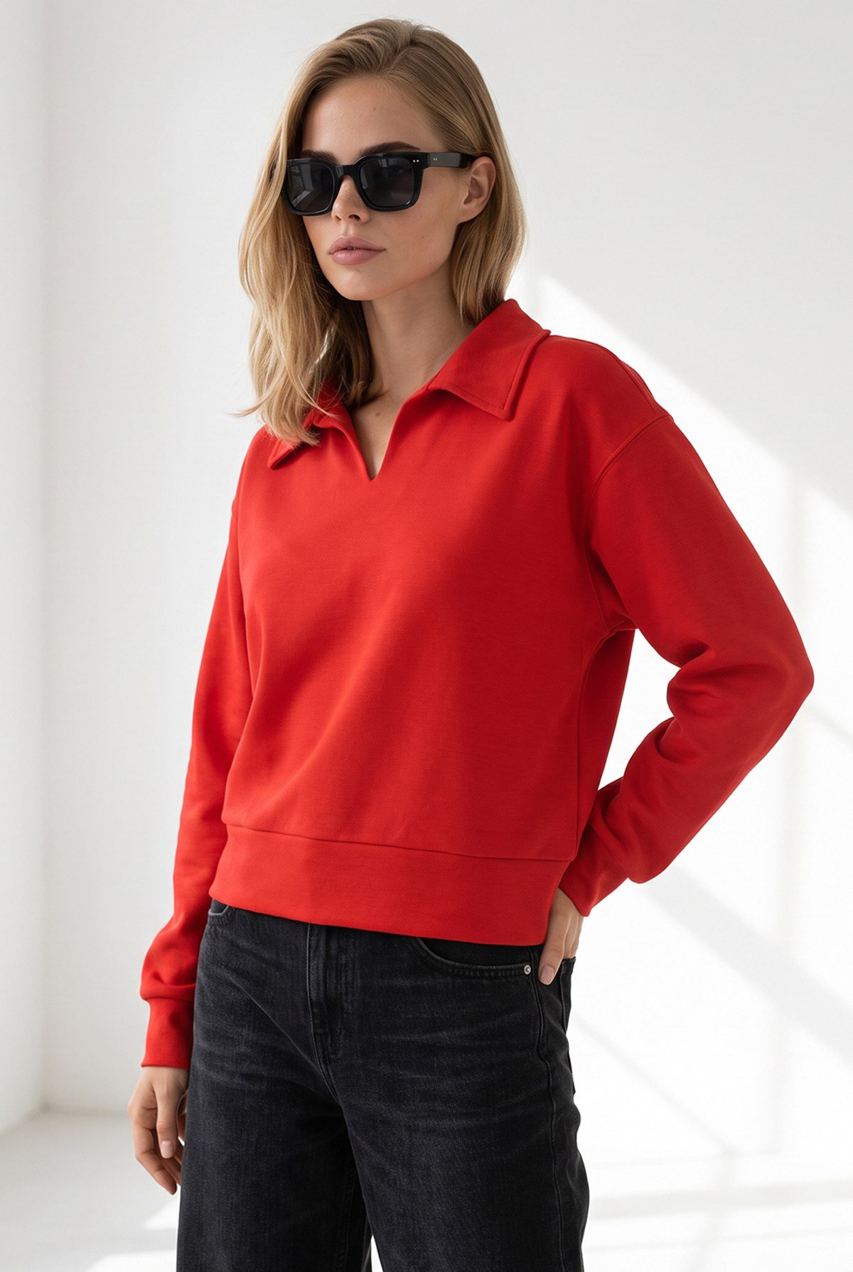 Polo Yaka Dökümlü Crop Sweatshirt Kırmızı