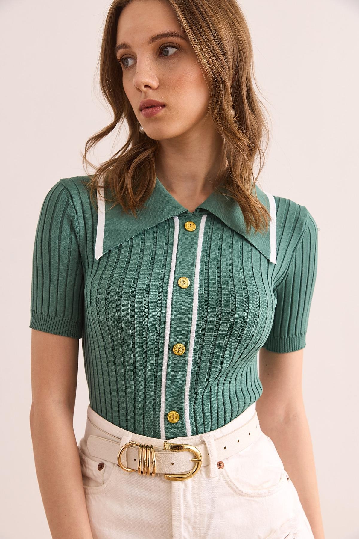 Polo Yaka Düğme Detaylı Crop Triko Bluz Mint Yeşili