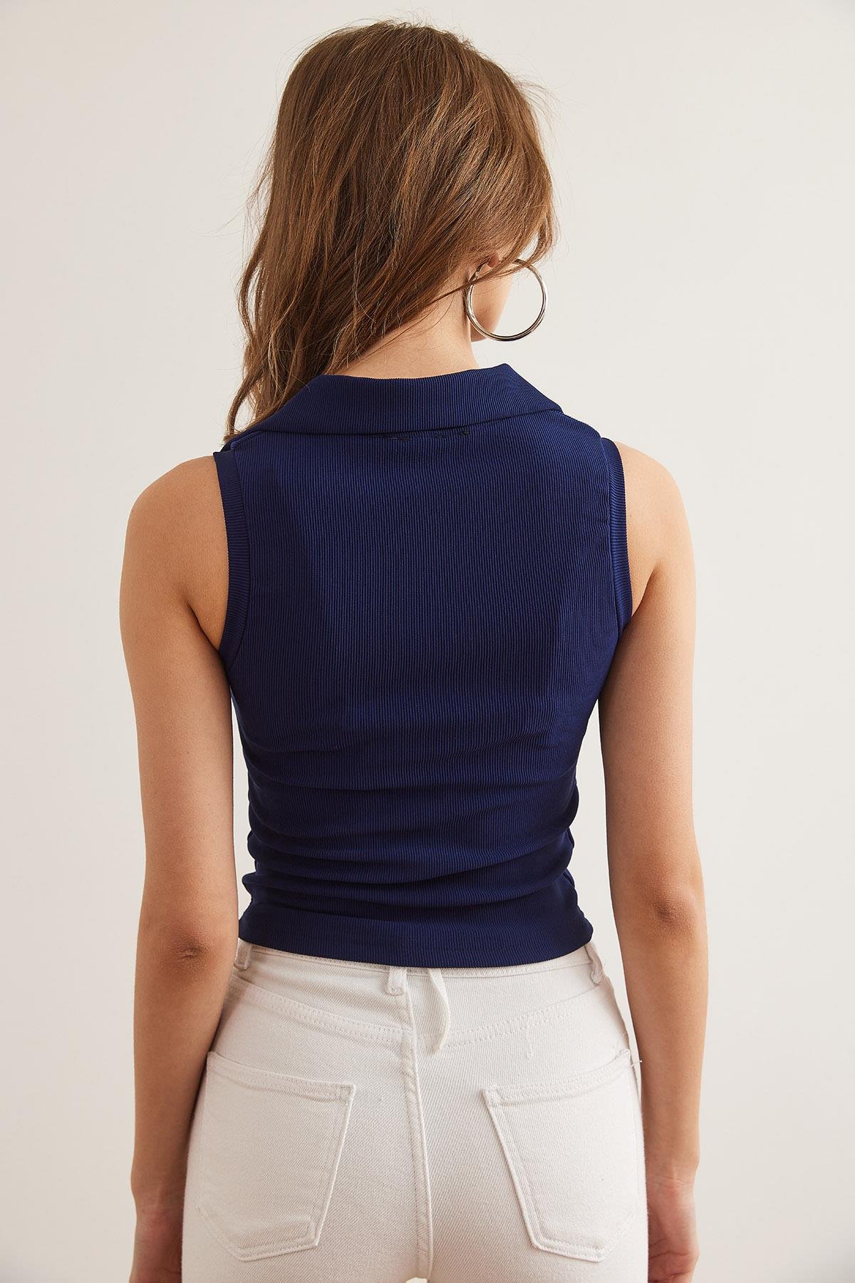 Polo Yaka Düğmeli Fitilli Crop Bluz Lacivert