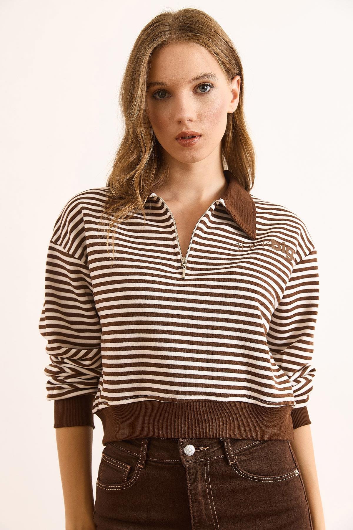 Polo Yaka Fermuarlı Çizgili Şardonsuz Crop Sweatshirt Kahverengi